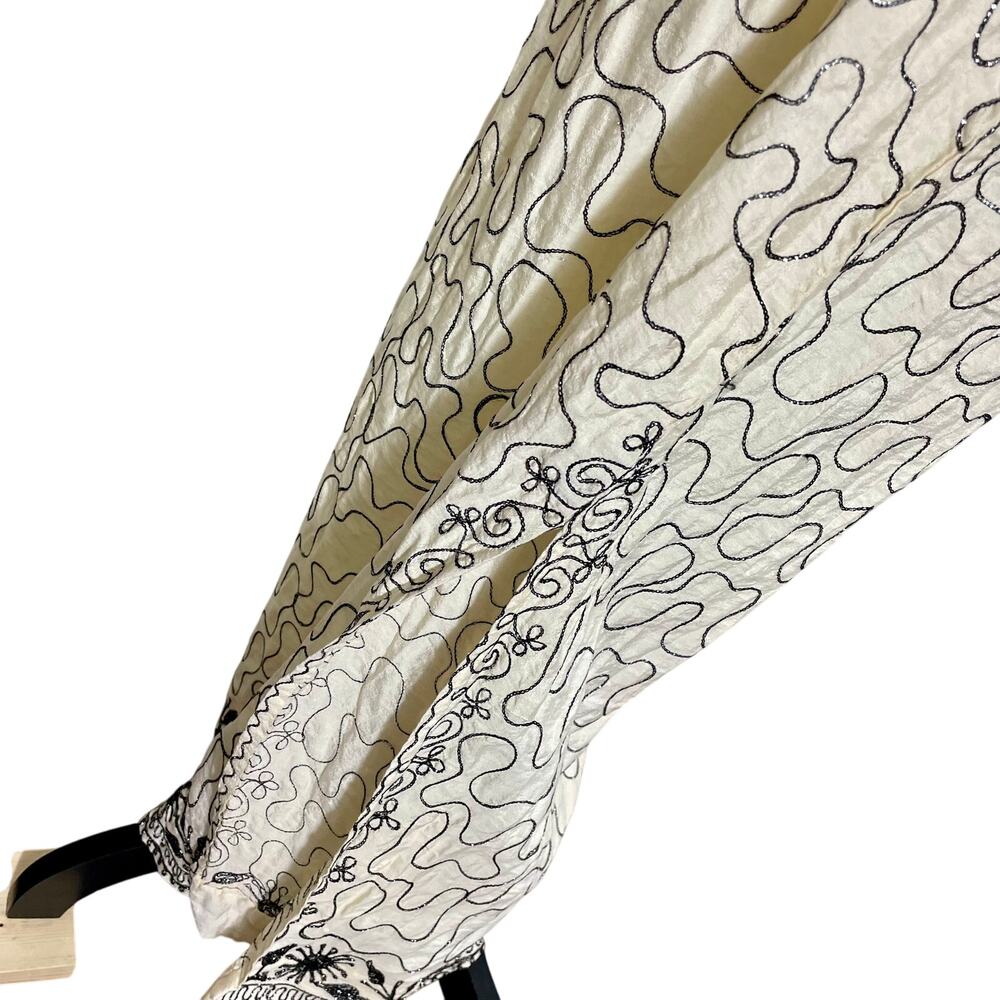 Vintage 70s Kaftan Maxi Dress Cream Black Geometric Embroidered Size Small - Picture 5 of 13